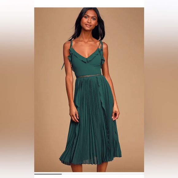 Lulus Never a Dull Moment Emerald Green Tie-Strap Pleated Midi Dress, Size Small - Picture 4 of 6